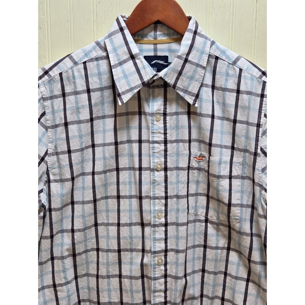 Hollister Shirt Mens Large White Plaid Short Sleeve Button Up Casual Cotton